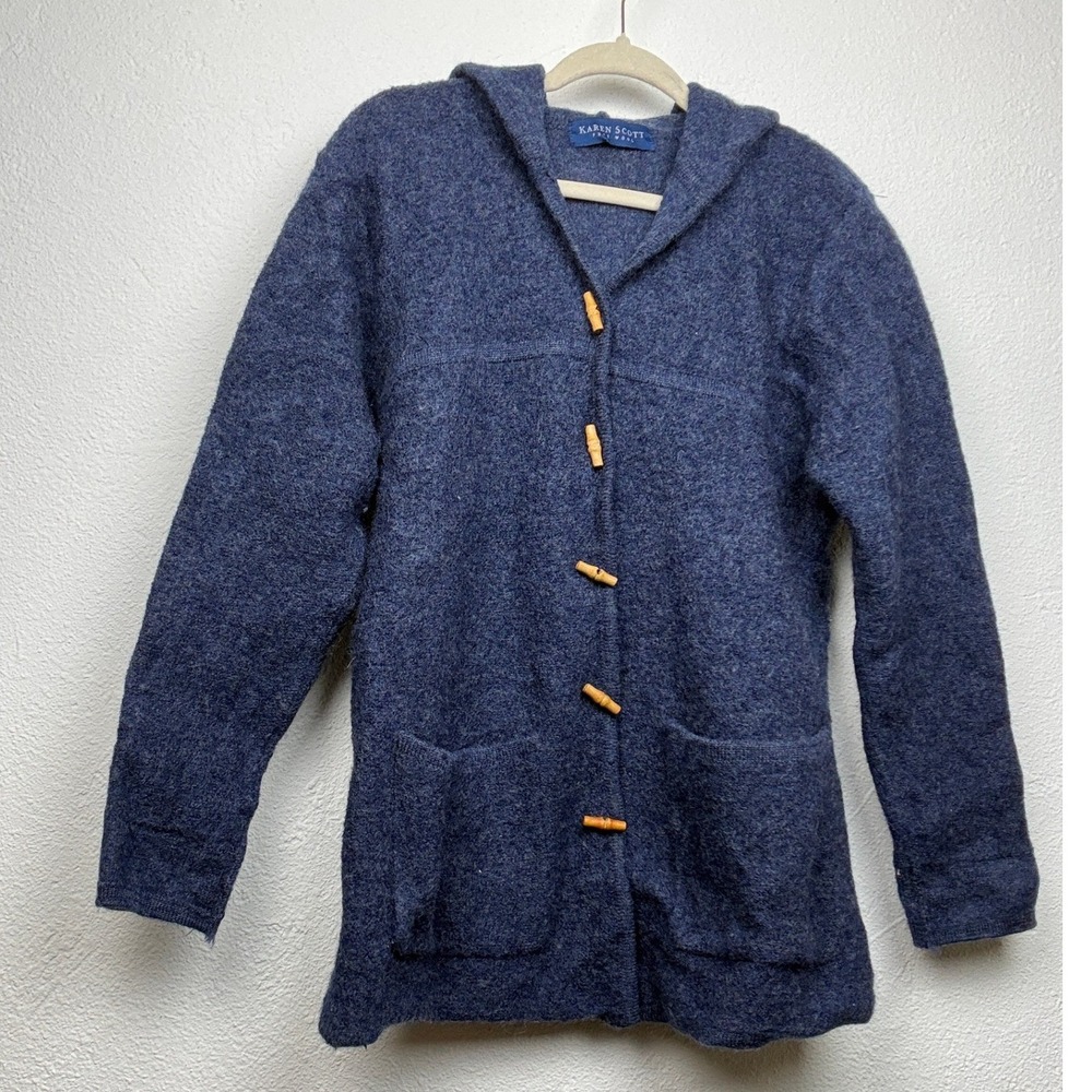 Karen Scott Blue Hooded Cardigan - XL - Pure Wool Toggle Button Boho CabinCore